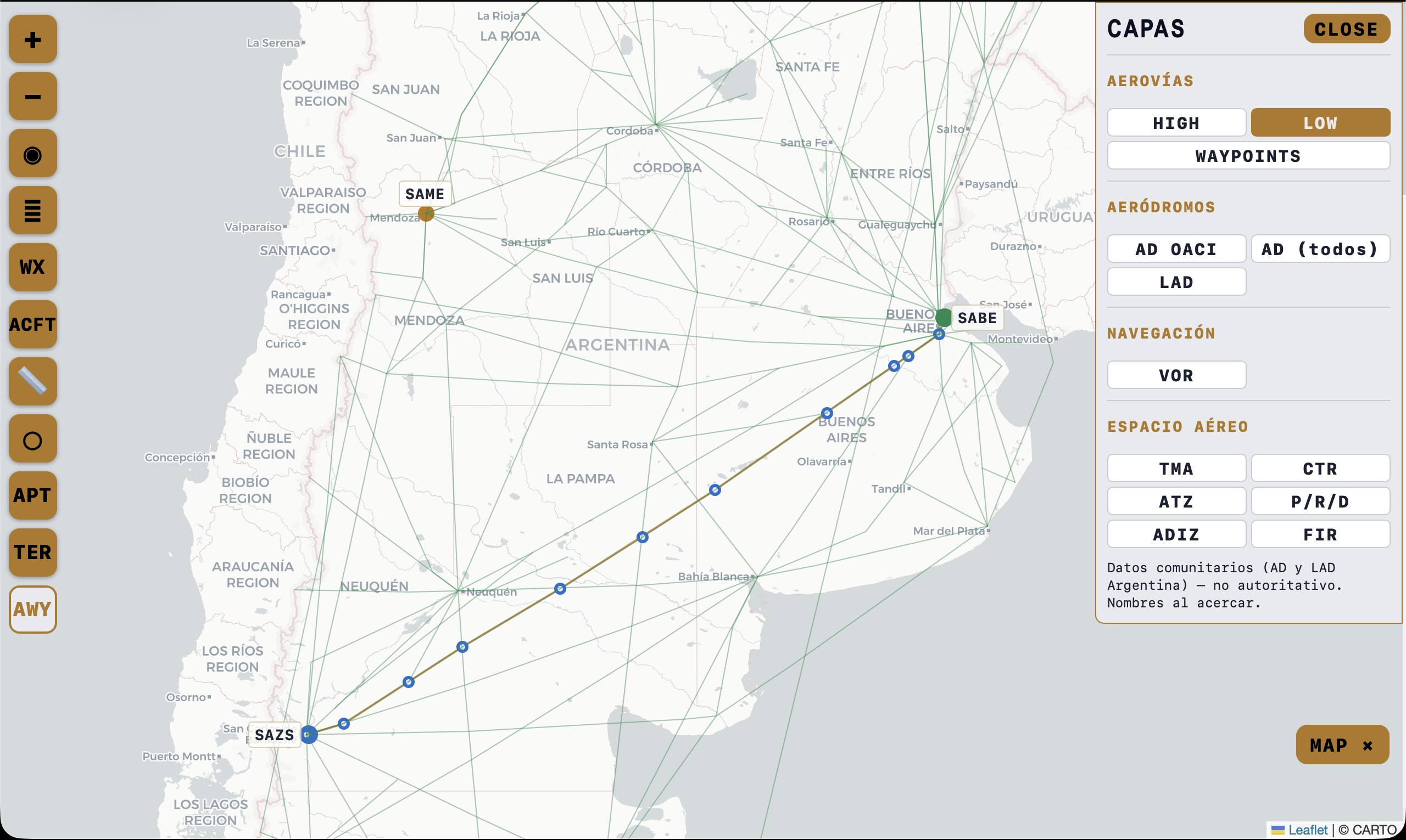 Mapa y cartas argentinas en Gaucho